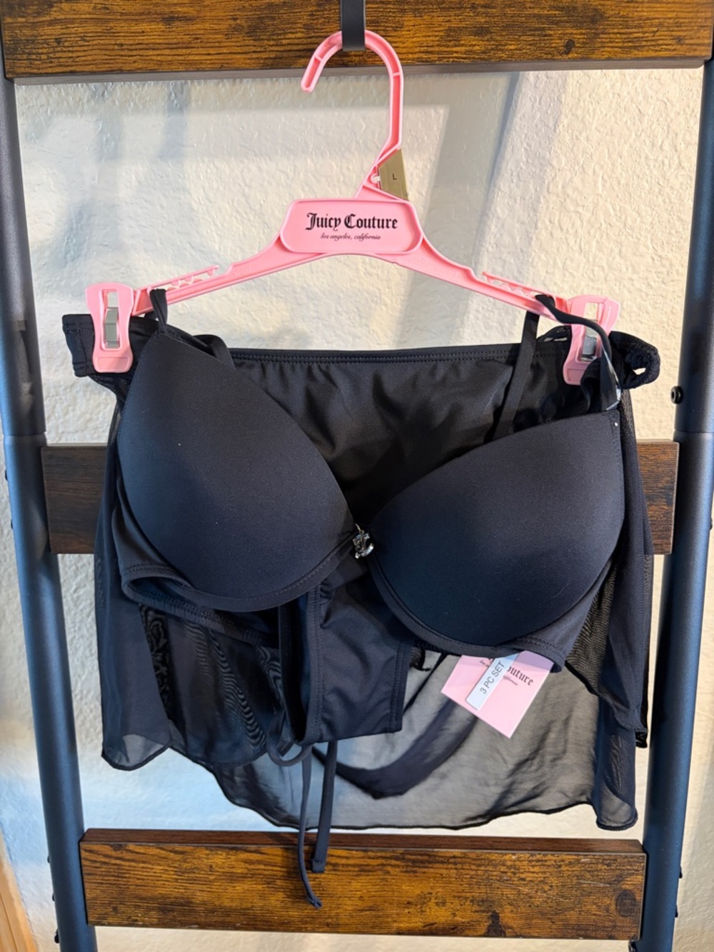 Juicy Couture Black 3 Piece Swimsuit Set Bikini Mesh Skirt Womens L NWT